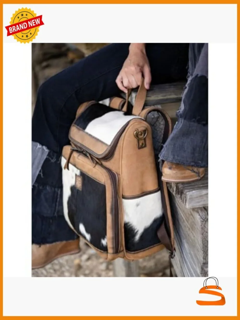 Genuine Full Grain Leather Cowhide Backpack with Laptop Pocket and Stroller